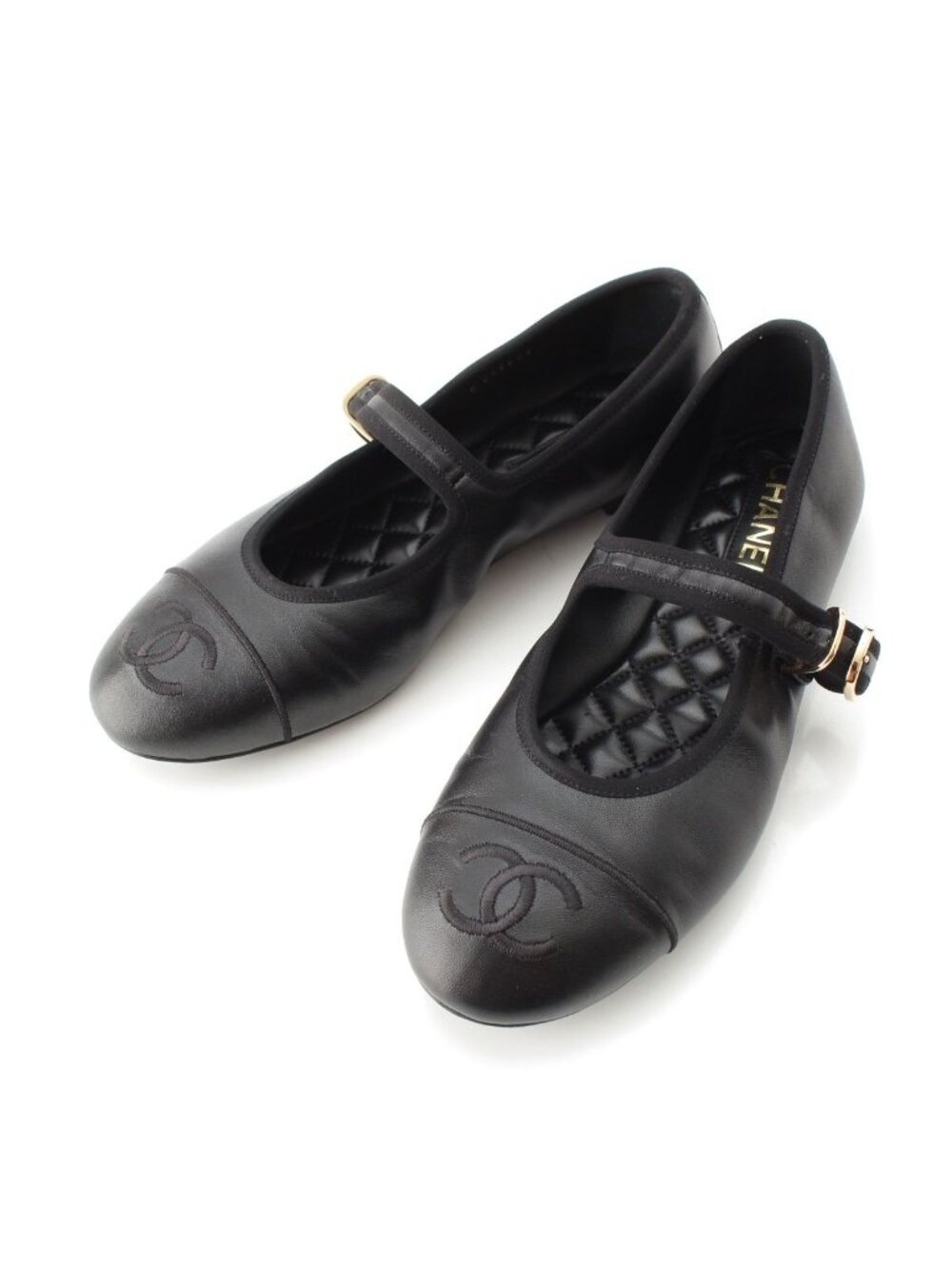 Chanel Leather CC Logo Mary Jane Flat Ballet Pumps Shoes Black